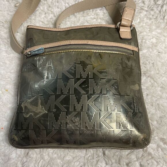 MICHAEL KORS  MIRROR METALLIC LOGO  metallic gold crossbody bag tan leather trim - Picture 3 of 16